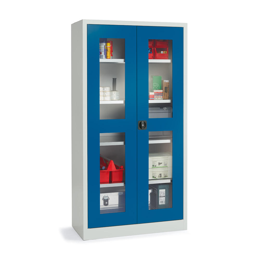 Materialschrank mit Sichtfenstertüren | Enzianblau RAL 5010 | 1950 | 1000 | 400 | Lichtgrau RAL 7035