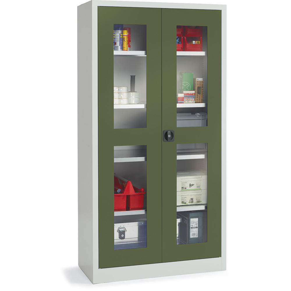 Materialschrank mit Sichtfenstertüren | Resedagrün RAL 6011 | 1950 | 1000 | 400 | Lichtgrau RAL 7035
