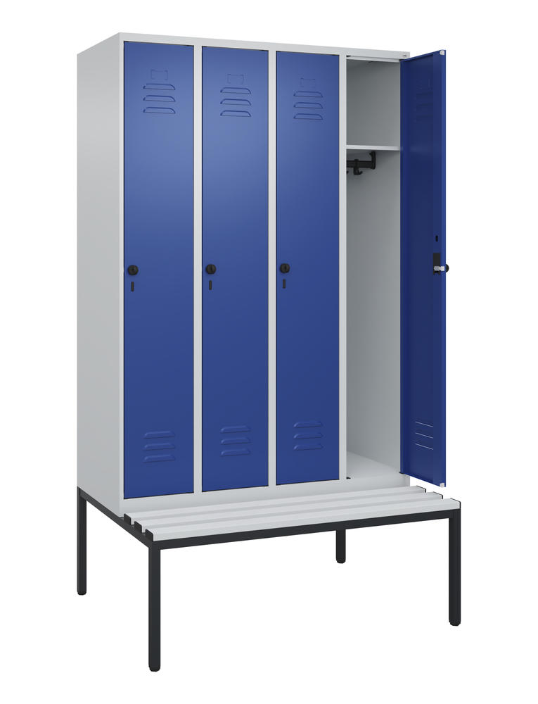 Garderoben-Stahlspind CLASSIC PLUS, mit Sitzbank | Enzianblau RAL 5010 | mit untergebauter Sitzbank, Kunststoffleisten | Lichtgrau RAL 7035 | 300 | 4
