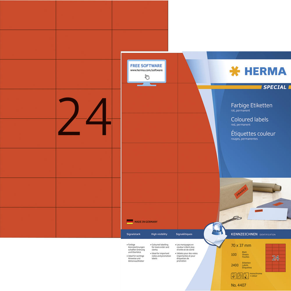 HERMA Etikett 4407 70x37mm rot 2.400 St./Pack.