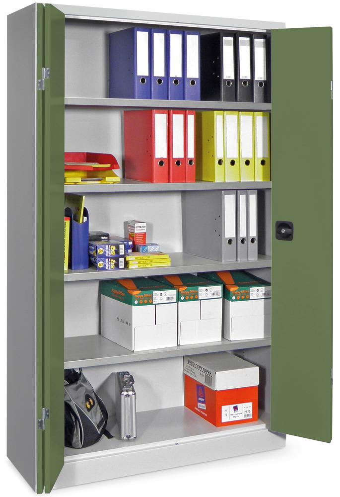 Falttüren-Stahlschrank mit verzinkten Böden | Resedagrün RAL 6011 | 1950 | 1200 | 400 | mit verzinkten Fachböden | Lichtgrau RAL 7035