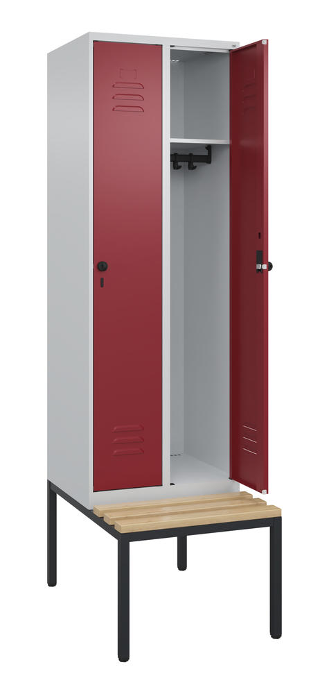 Garderoben-Stahlspind CLASSIC PLUS, mit Sitzbank | Rubinrot RAL 3003 | mit untergebauter Sitzbank, Holzleisten | Lichtgrau RAL 7035 | 300 | 2