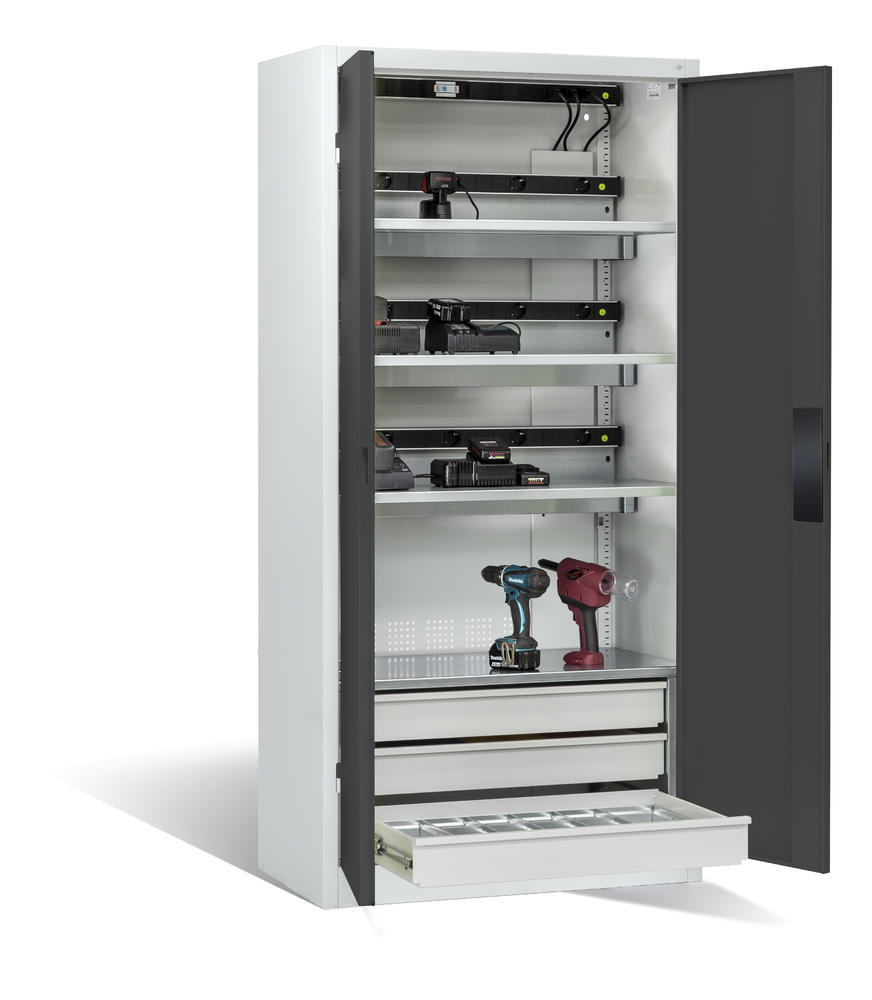 Akkuladeschrank Serie Comfort, Vollblechtüren | Anthrazitgrau RAL 7016 | Comfort, mit Schubladenblock | Vollblechtüren | Lichtgrau RAL 7035