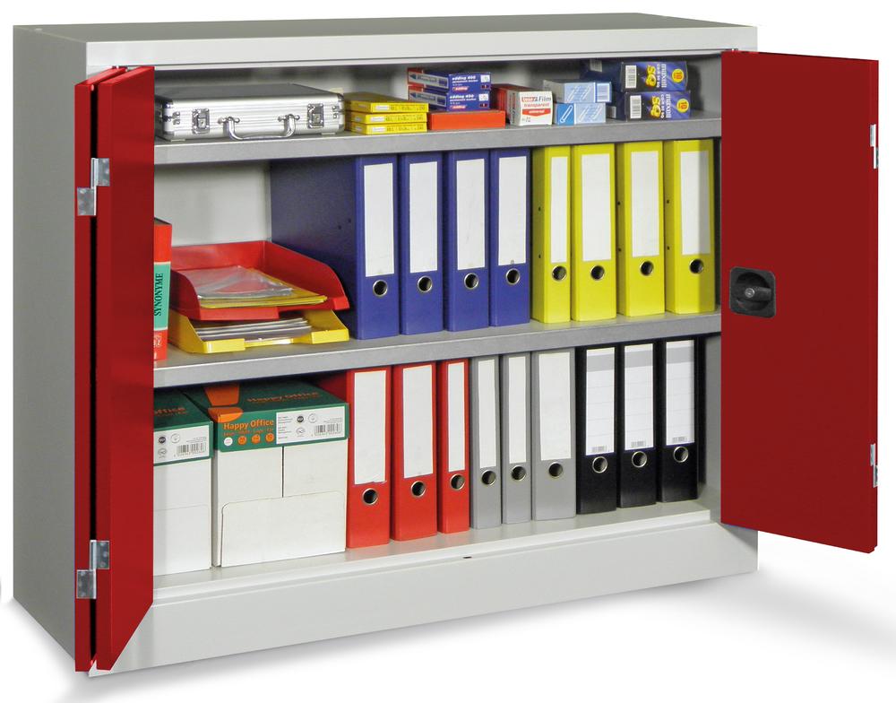 Falttüren-Stahlschrank mit verzinkten Böden | Rubinrot RAL 3003 | 1000 | 1200 | 400 | mit verzinkten Fachböden | Lichtgrau RAL 7035