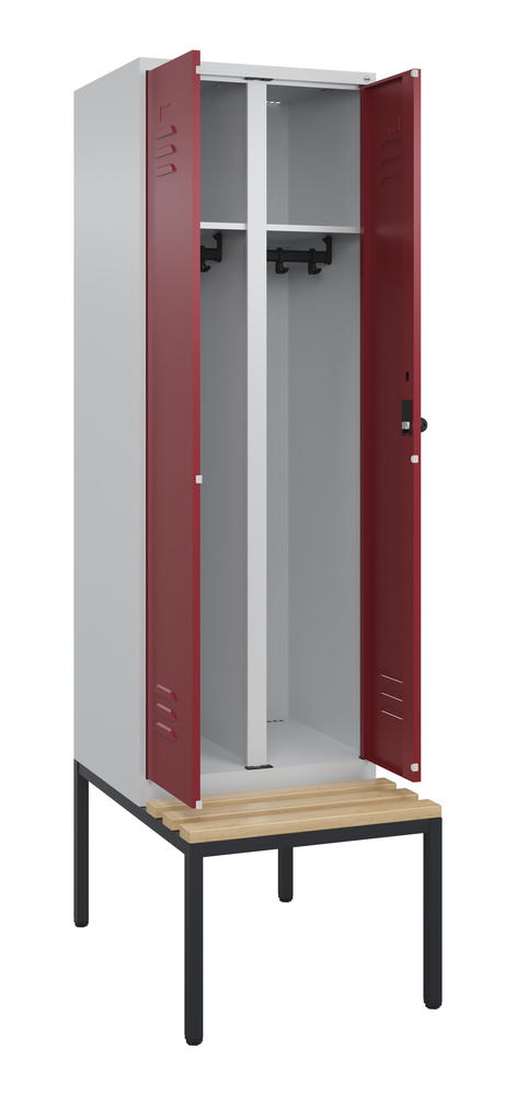 Arbeitsstättenspind CLASSIC PLUS, mit Sitzbank | Rubinrot RAL 3003 | mit untergebauter Sitzbank, Holzleisten | Lichtgrau RAL 7035 | 300 | 2