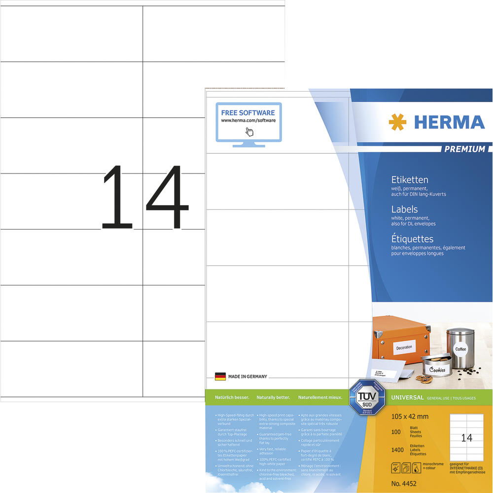 HERMA Etikett PREMIUM 4452 105x42mm weiß 1.400