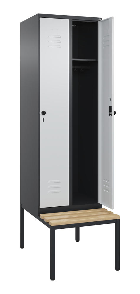 Garderoben-Stahlspind CLASSIC PLUS, mit Sitzbank | Lichtgrau RAL 7035 | mit untergebauter Sitzbank, Holzleisten | Schwarzgrau RAL 7021 | 300 | 2