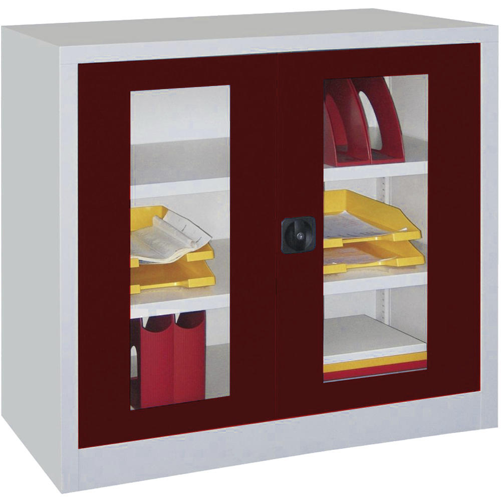 Materialschrank mit Sichtfenstertüren | Rubinrot RAL 3003 | 1000 | 1000 | 400 | Lichtgrau RAL 7035