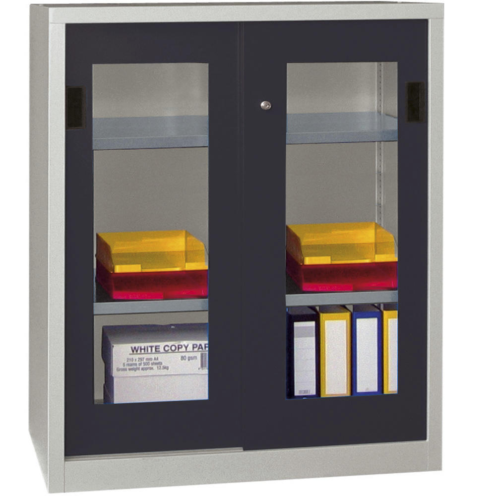 Schiebetüren-Stahlschrank SYSTEM FLEX | Anthrazitgrau RAL 7016 | 1000 | 500 | mit Acrylglastüren
