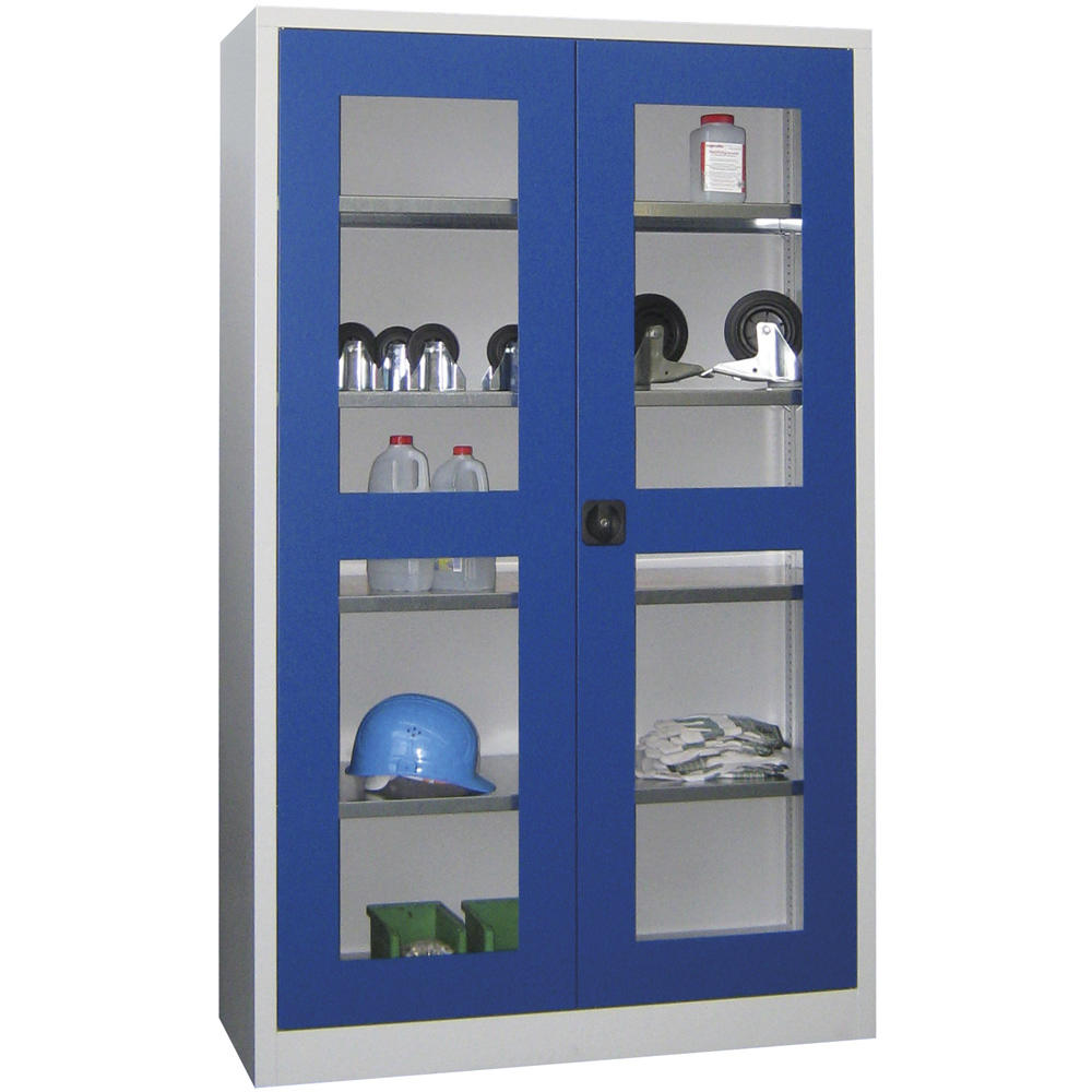 Materialschrank mit Sichtfenstertüren | Enzianblau RAL 5010 | 1950 | 1200 | 500 | Lichtgrau RAL 7035