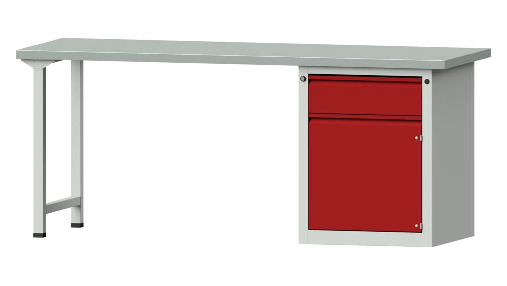 Werkbank SERIE ALLROUND | Karminrot RAL 3002 | 2000 | 1 Schublade, 1 Tür | Stahlblechbelag-Platte