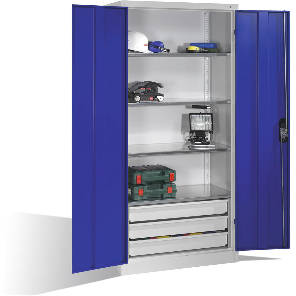 Flügeltüren-Stahlschrank SYSTEM TMF 110 | Enzianblau RAL 5010 | 1950 | 930 | 500 | Schubladenblock unten