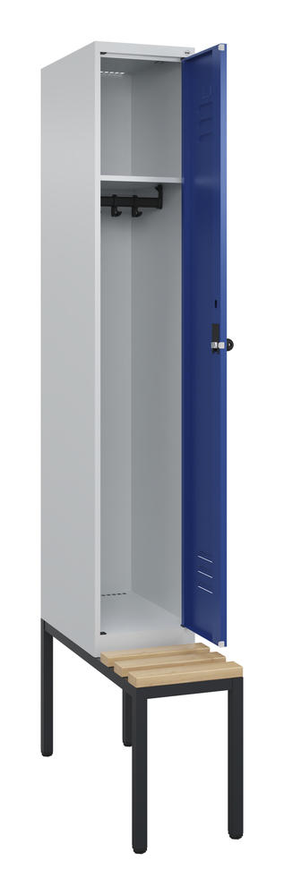 Garderoben-Stahlspind CLASSIC PLUS, mit Sitzbank | Enzianblau RAL 5010 | mit untergebauter Sitzbank, Holzleisten | Lichtgrau RAL 7035 | 300 | 1