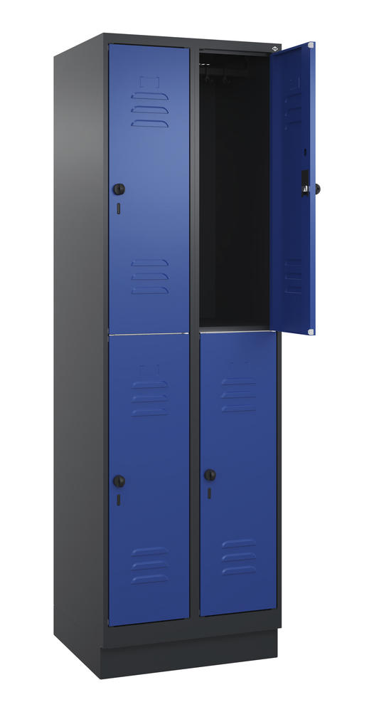 Doppelstöckiger Spind CLASSIC PLUS, mit Sockel | Enzianblau RAL 5010 | mit Sockel | Schwarzgrau RAL 7021 | 300 | 2