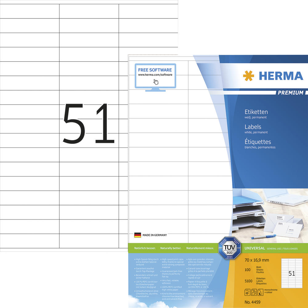 HERMA Etikett PREMIUM 4459 70x16,9mm weiß 5.100