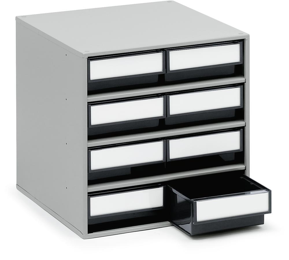 Schubladenmagazin mit 8 Schubladen | Transparent | H 395 x B 400 x T 400 mm | 8 Schubladen - Typ 1 (Größe B 186 x H 82 x T 400 mm)