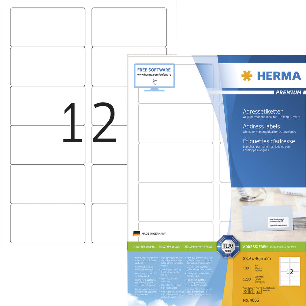 HERMA Etikett PREMIUM 4666 88,9x46,6mm weiß 1.200