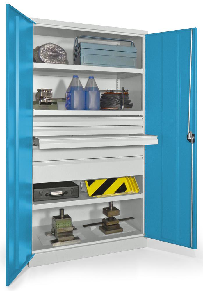 Schwerlastschrank ohne Mitteltrennwand | Lichtblau RAL 5012 | 1040 | 5 Schubladen: 3xH75, 1xH125, 1xH175 mm