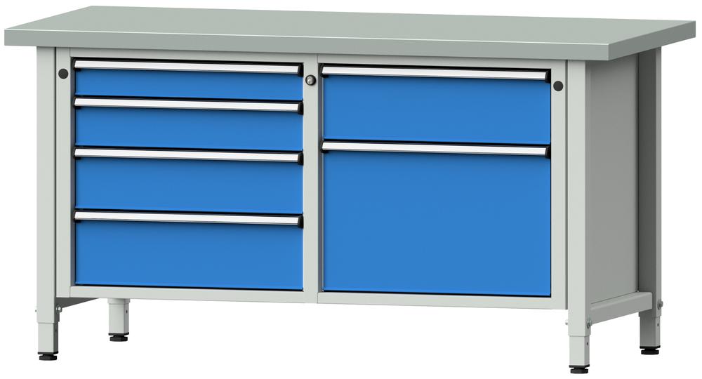 Werkbank SERIE ERGO | Lichtblau RAL 5012 | 5 Schubladen + 1 Tür | Stahlblechbelag-Platte