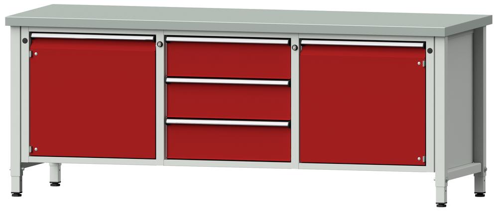 Werkbank SERIE ERGO | Karminrot RAL 3002 | 3 Schubladen + 2 Türen | Stahlblechbelag-Platte