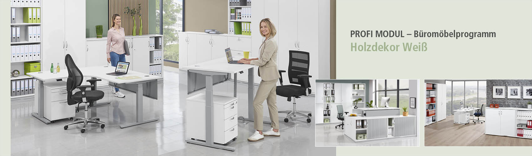Zwei Frauen in modernem Büro mit weißen Schreibtischen und Aktenschränken. Rechts Werbetext zum PROFI MODUL Holzdekor Weiß