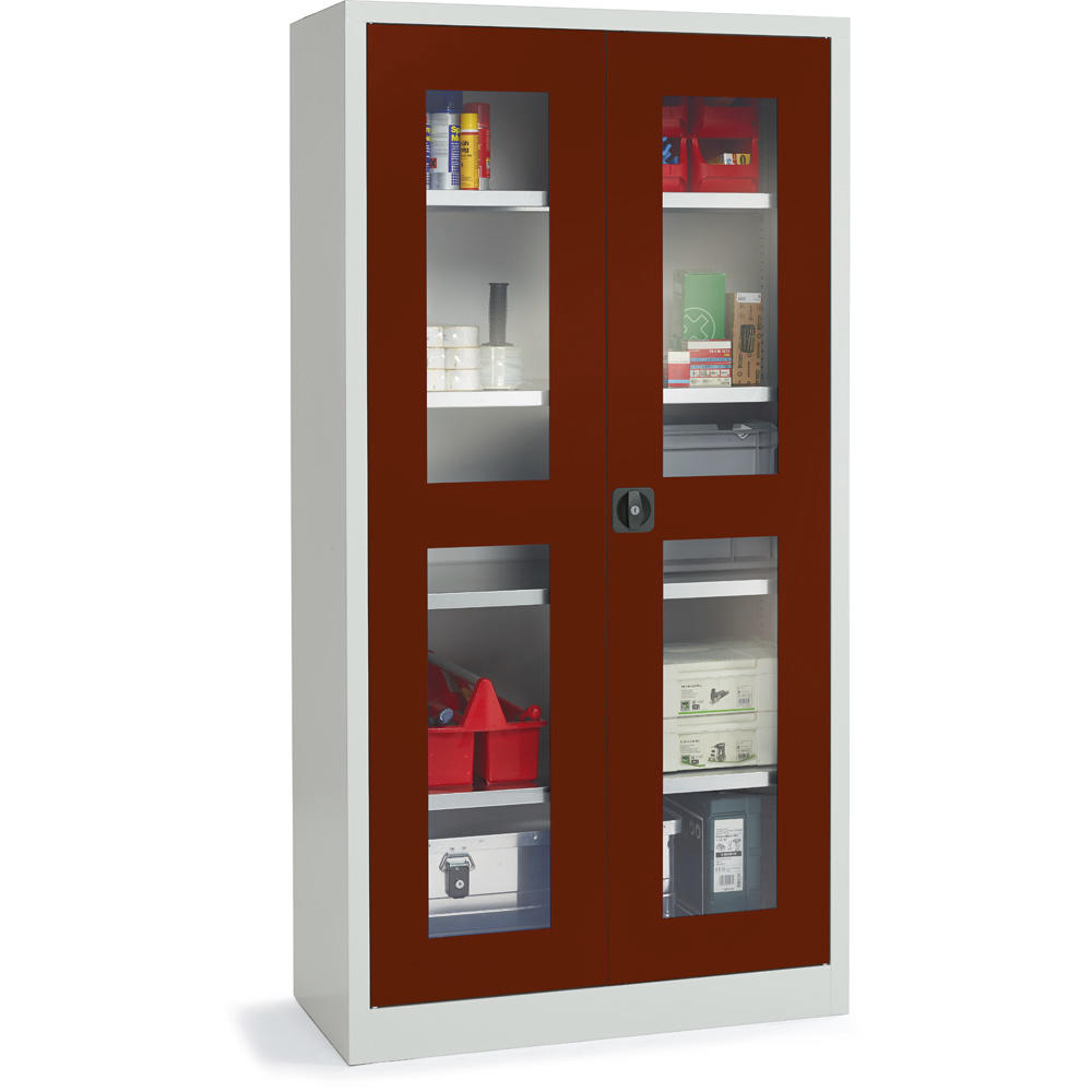 Materialschrank mit Sichtfenstertüren | Rubinrot RAL 3003 | 1950 | 1000 | 400 | Lichtgrau RAL 7035