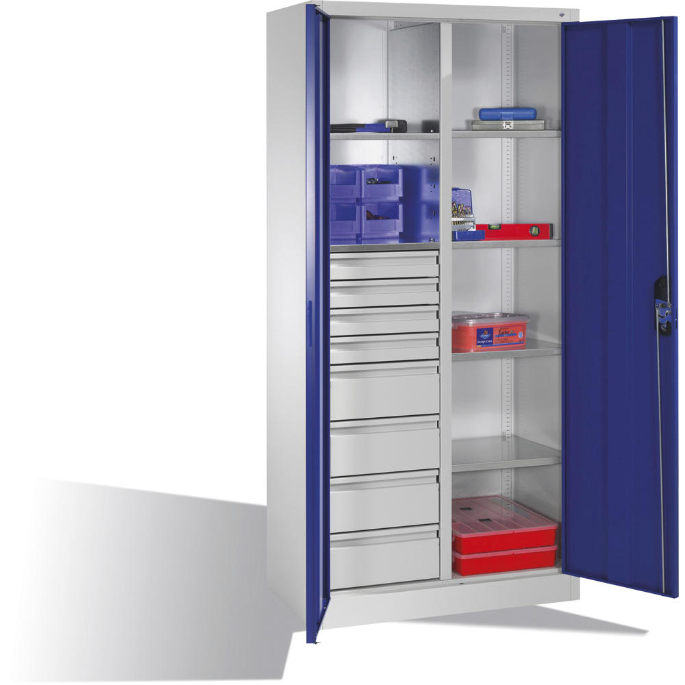 Flügeltüren-Stahlschrank SYSTEM ERGO-LOCK | Enzianblau RAL 5010 | 930 | links 2 Fachböden, 4 kleine und 4 große Schubladen, rechts 4 Fachböden