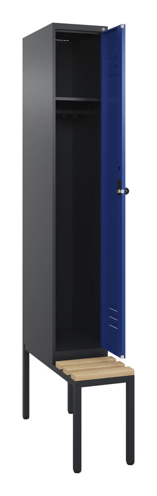 Garderoben-Stahlspind CLASSIC PLUS, mit Sitzbank | Enzianblau RAL 5010 | mit untergebauter Sitzbank, Holzleisten | Schwarzgrau RAL 7021 | 300 | 1