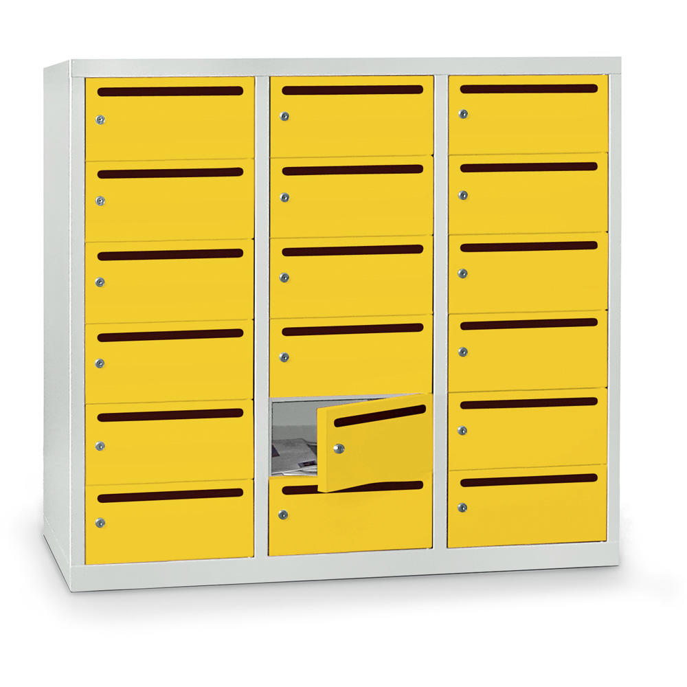 Postverteilerschrank zur Wandaufhängung, 18 Fächer | Zinkgelb RAL 1018 | 18
