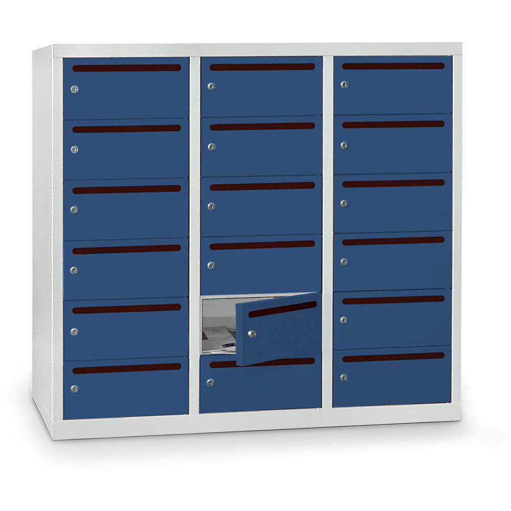 Postverteilerschrank zur Wandaufhängung, 18 Fächer | Enzianblau RAL 5010 | 18