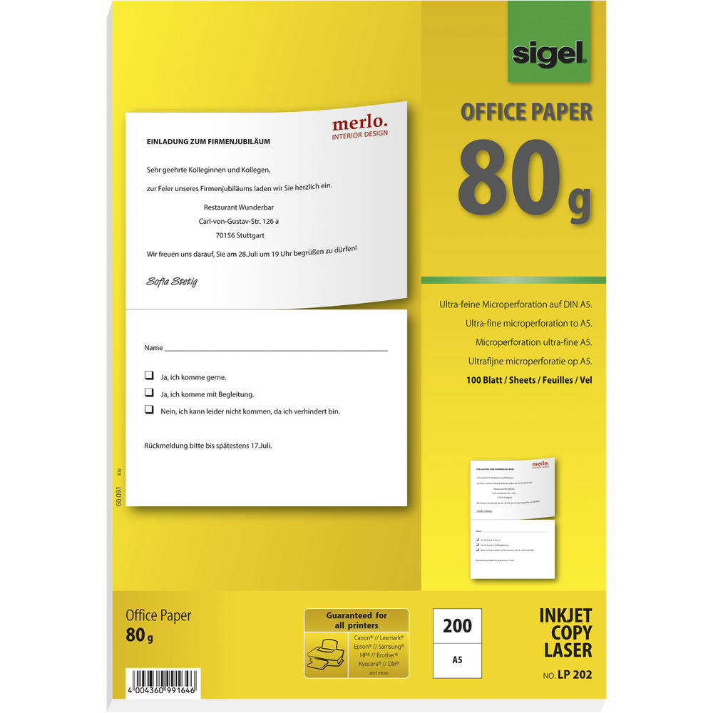 SIGEL Kopierpapier LP202 A4 querperforiert auf A5