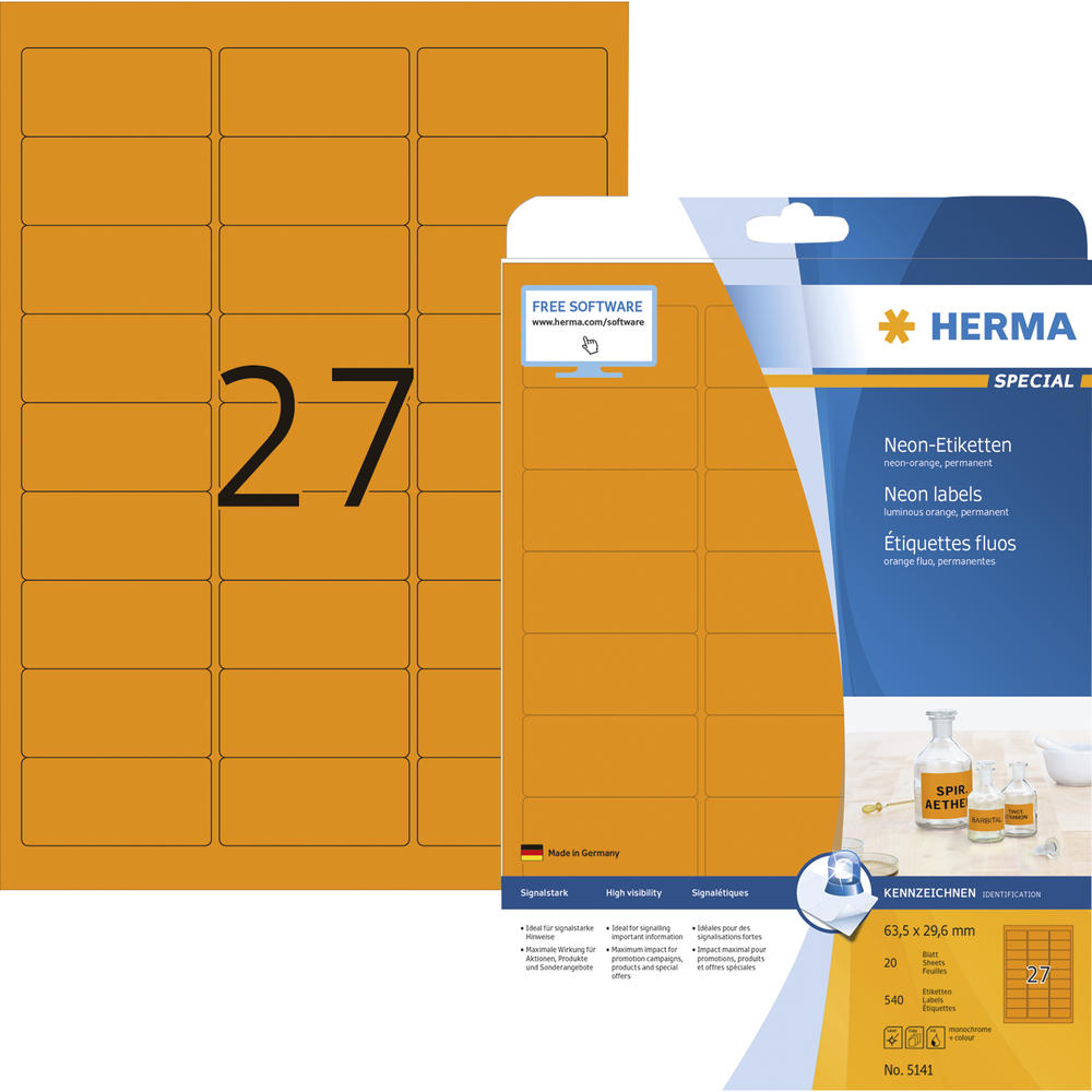 HERMA Etikett 5141 63,5x29,6mm neonorange 540