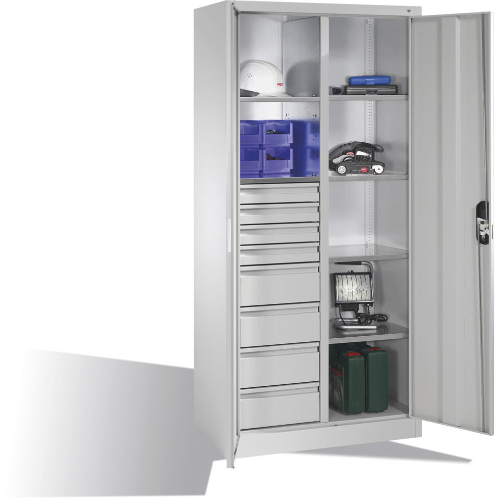 Flügeltüren-Stahlschrank SYSTEM ERGO-LOCK | Lichtgrau RAL 7035 | 930 | links 2 Fachböden, 4 kleine und 4 große Schubladen, rechts 4 Fachböden