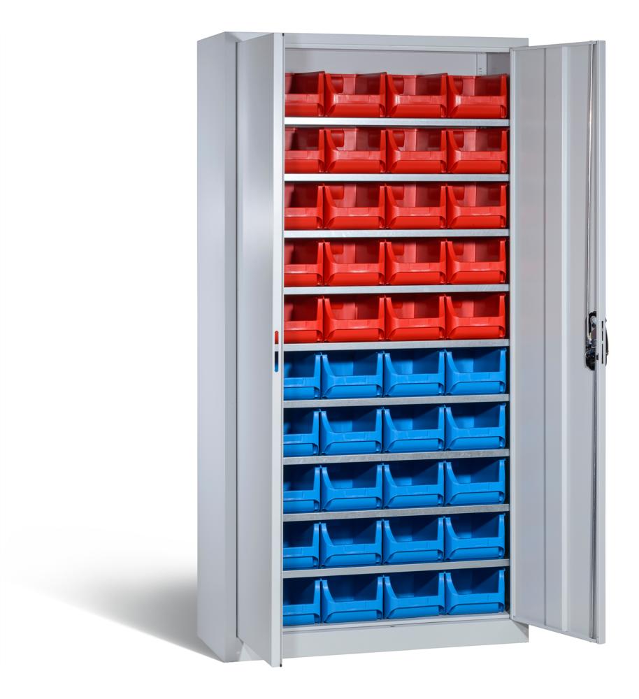 Magazinschränke Ergo-Lock | Lichtgrau RAL 7035 | 1000 | 420 | 20 x Größe 4 rot, 20 x Größe 4 blau