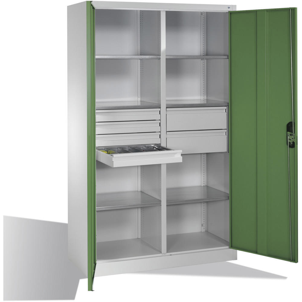 Flügeltüren-Stahlschrank SYSTEM ERGO-LOCK | Resedagrün RAL 6011 | 1200 | links 3 Fachböden und 4 kleine Schubladen, rechts 3 Fachböden und 2 große Schubladen