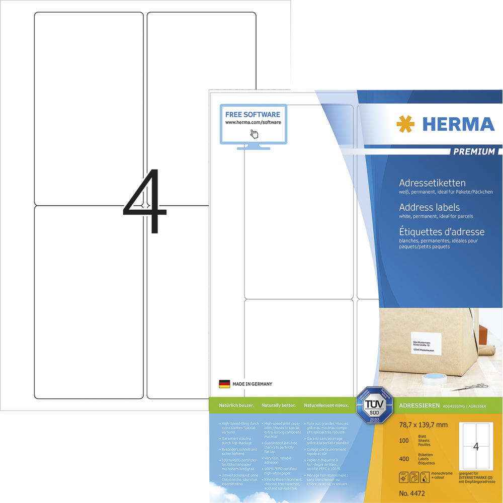 HERMA Etikett 4472 78,7x139,7mm weiß 400 St./Pack.