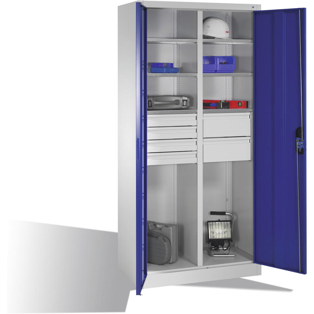 Flügeltüren-Stahlschrank SYSTEM ERGO-LOCK | Enzianblau RAL 5010 | 930 | links 3 Fachböden und 4 kleine Schubladen, rechts 3 Fachböden und 2 große Schubladen