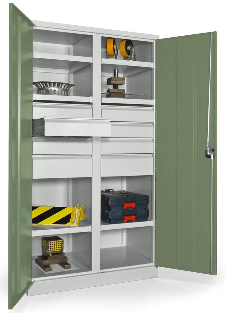 Schwerlastschrank mit Mitteltrennwand | Resedagrün RAL 6011 | 1040 | 8 Schubladen: 6xH125, 2xH175 mm