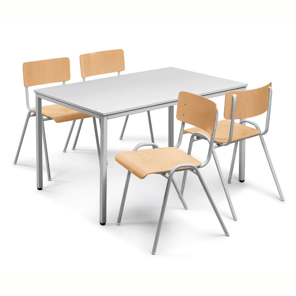 SET: 1 Tisch, 4 Stapelstühle Holz | Lichtgrau | Tischgröße B 1600 x T 800 mm | Lichtgrau RAL 7035