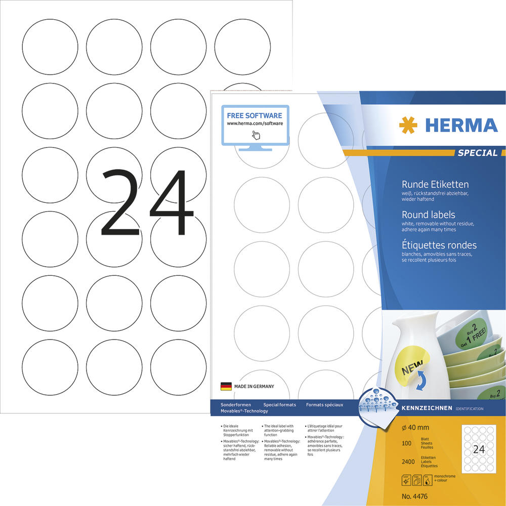 HERMA Etikett Movables 4476 40mm rund weiß 2.400