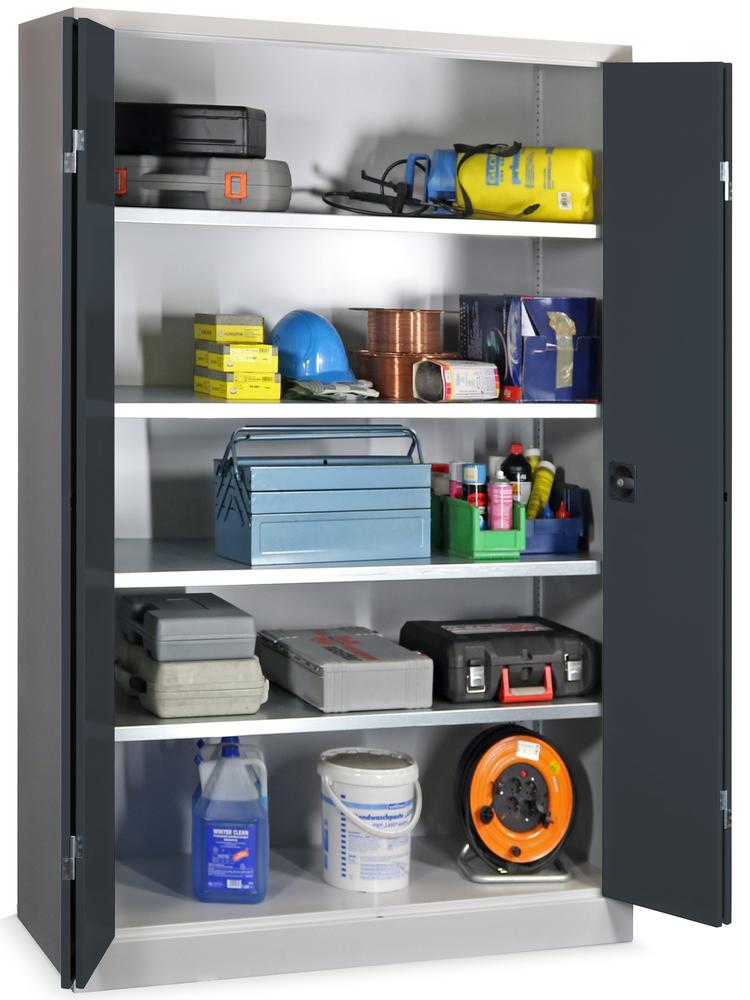 Falttüren-Stahlschrank mit verzinkten Böden | Anthrazitgrau RAL 7016 | 1950 | 1200 | 600 | mit verzinkten Fachböden | Lichtgrau RAL 7035