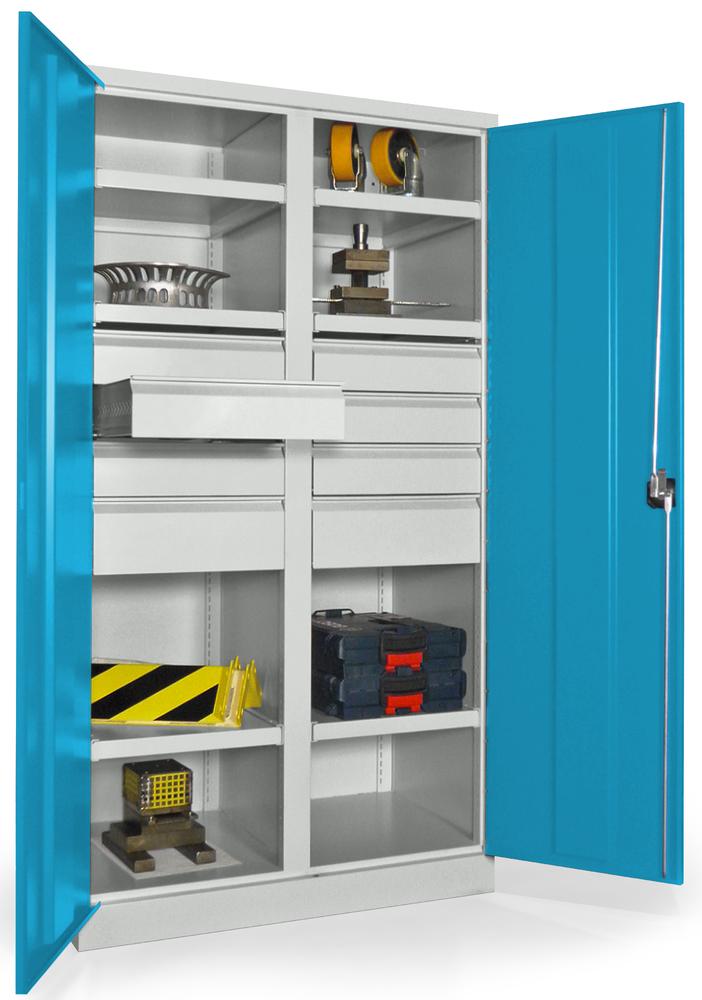 Schwerlastschrank mit Mitteltrennwand | Lichtblau RAL 5012 | 1040 | 8 Schubladen: 6xH125, 2xH175 mm
