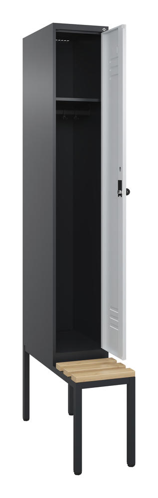Garderoben-Stahlspind CLASSIC PLUS, mit Sitzbank | Lichtgrau RAL 7035 | mit untergebauter Sitzbank, Holzleisten | Schwarzgrau RAL 7021 | 300 | 1