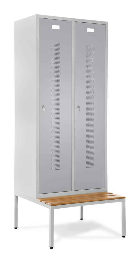 Garderobenspinde SYSTEM SP1 mit Sitzbank | Alusilber RAL 9006 | mit untergebauter Sitzbank, Holzleisten | 400 | Zylinderschloss