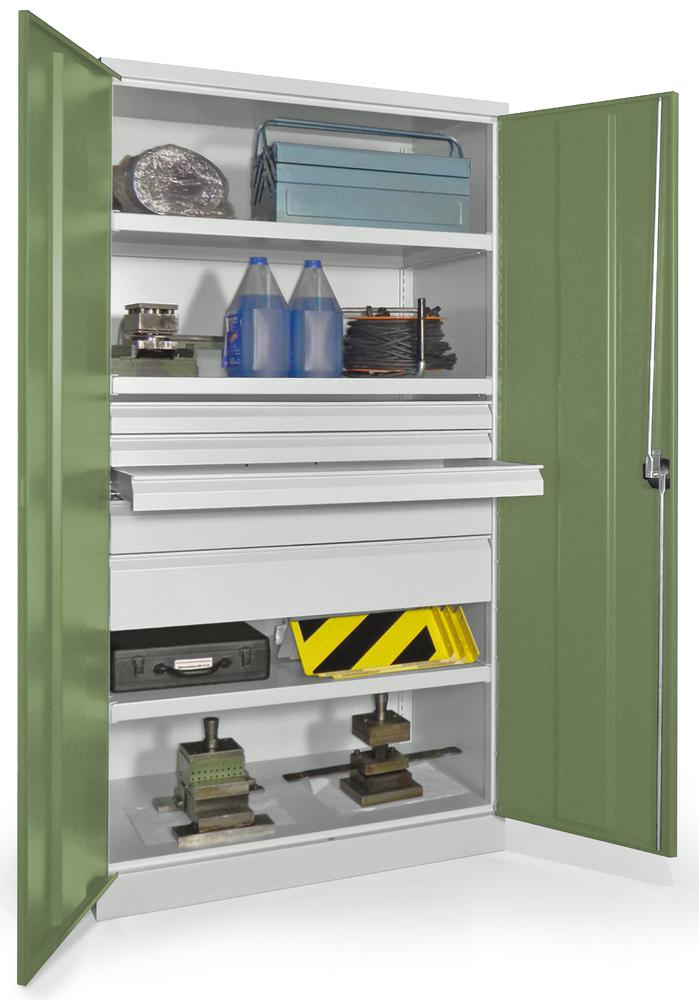 Schwerlastschrank ohne Mitteltrennwand | Resedagrün RAL 6011 | 1040 | 5 Schubladen: 3xH75, 1xH125, 1xH175 mm