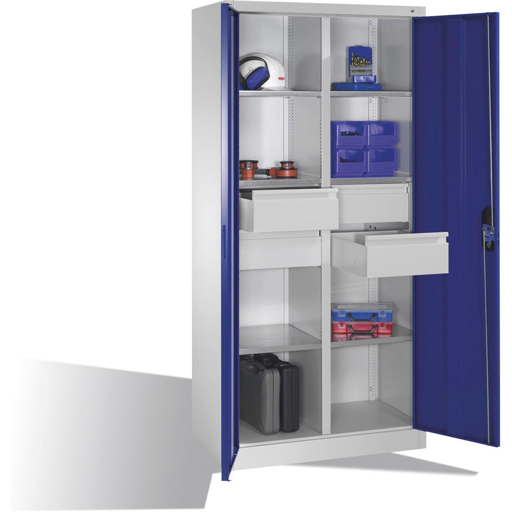 Flügeltüren-Stahlschrank SYSTEM ERGO-LOCK | Enzianblau RAL 5010 | 930 | links und rechts 3 Fachböden und 2 große Schubladen