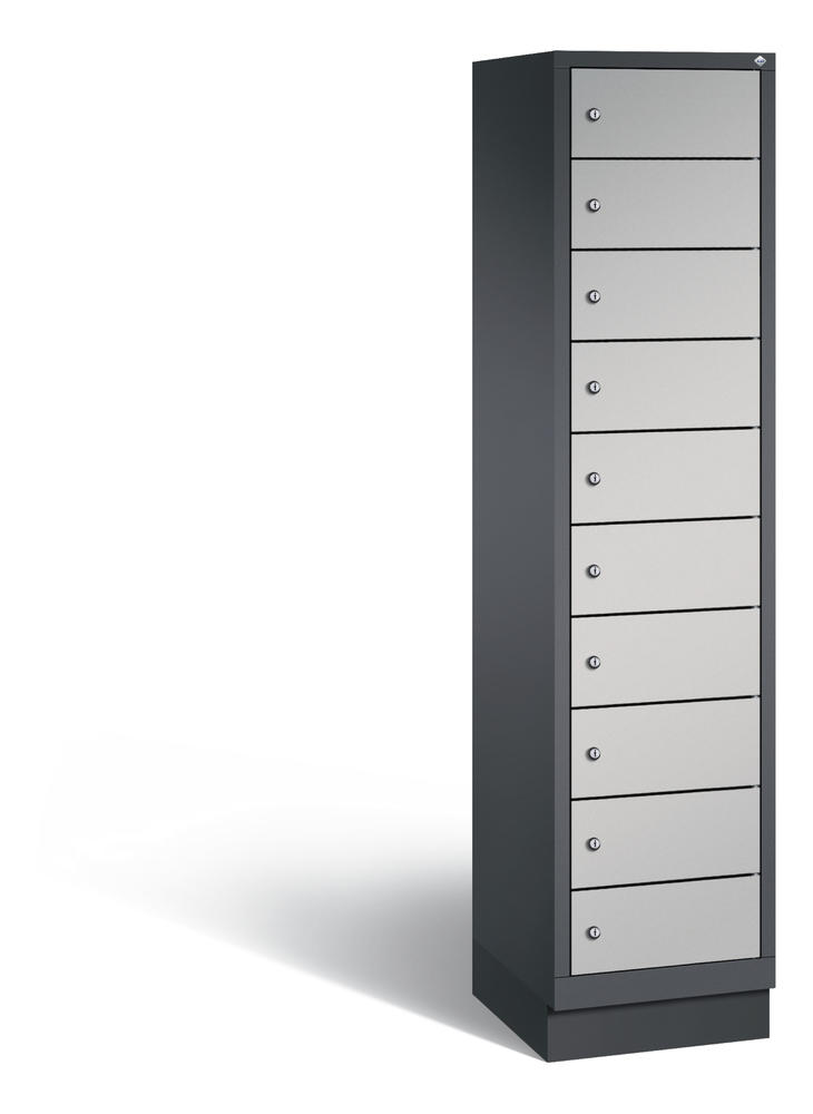 Laptopschrank, 1 x 10 Fächer | Alusilber RAL 9006 | ohne Elektrifizierung | Schwarzgrau RAL 7021 | 10