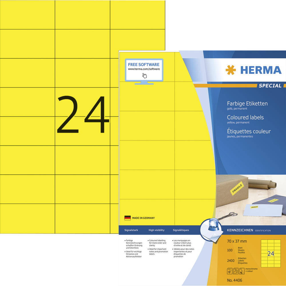 HERMA Etikett 4406 70x37mm gelb 2.400 St./Pack.