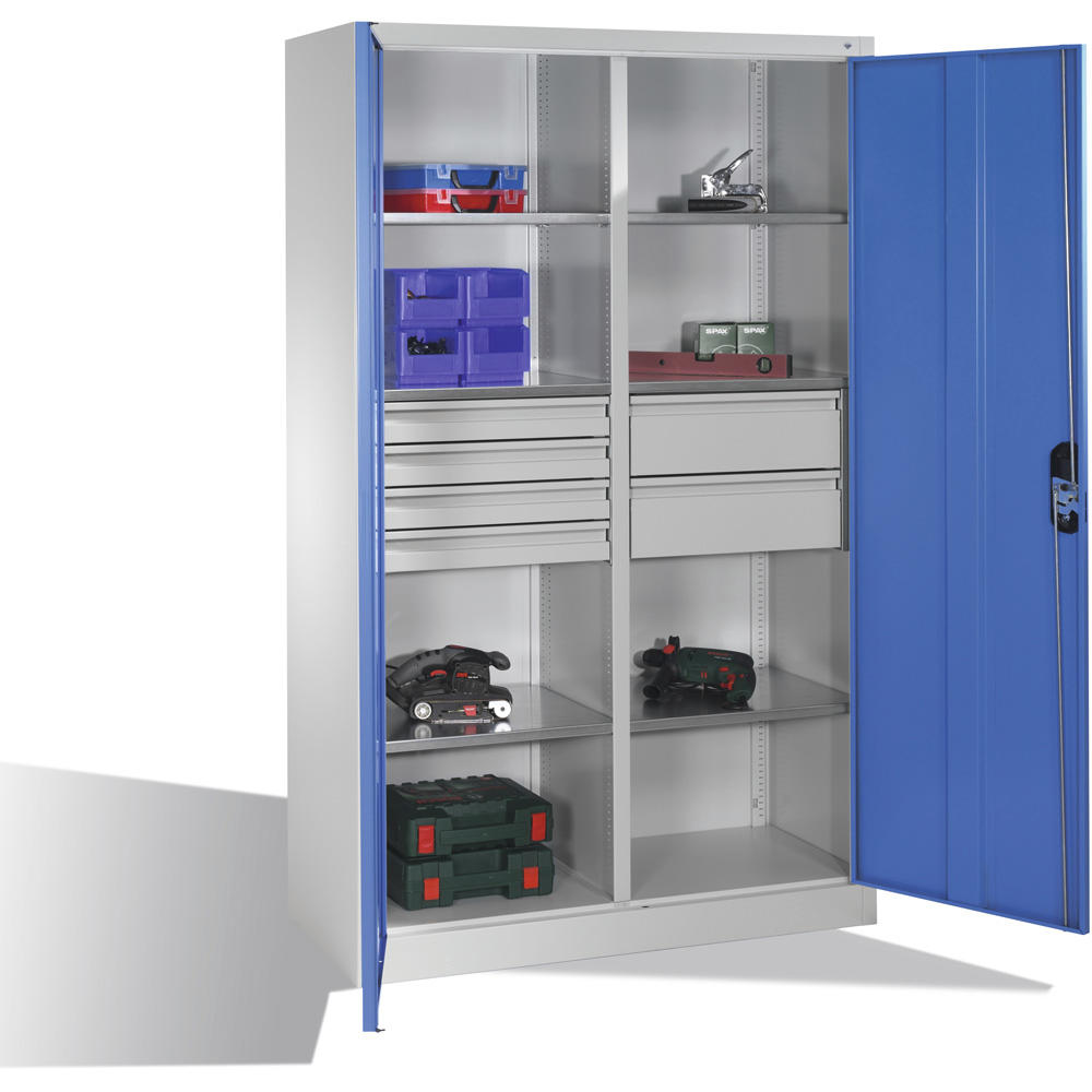 Flügeltüren-Stahlschrank SYSTEM ERGO-LOCK | Lichtblau RAL 5012 | 1200 | links 3 Fachböden und 4 kleine Schubladen, rechts 3 Fachböden und 2 große Schubladen