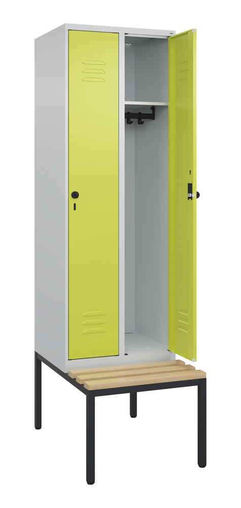 Garderoben-Stahlspind CLASSIC PLUS, mit Sitzbank | Clowngrün RAL 1108060 | mit untergebauter Sitzbank, Holzleisten | Lichtgrau RAL 7035 | 300 | 2